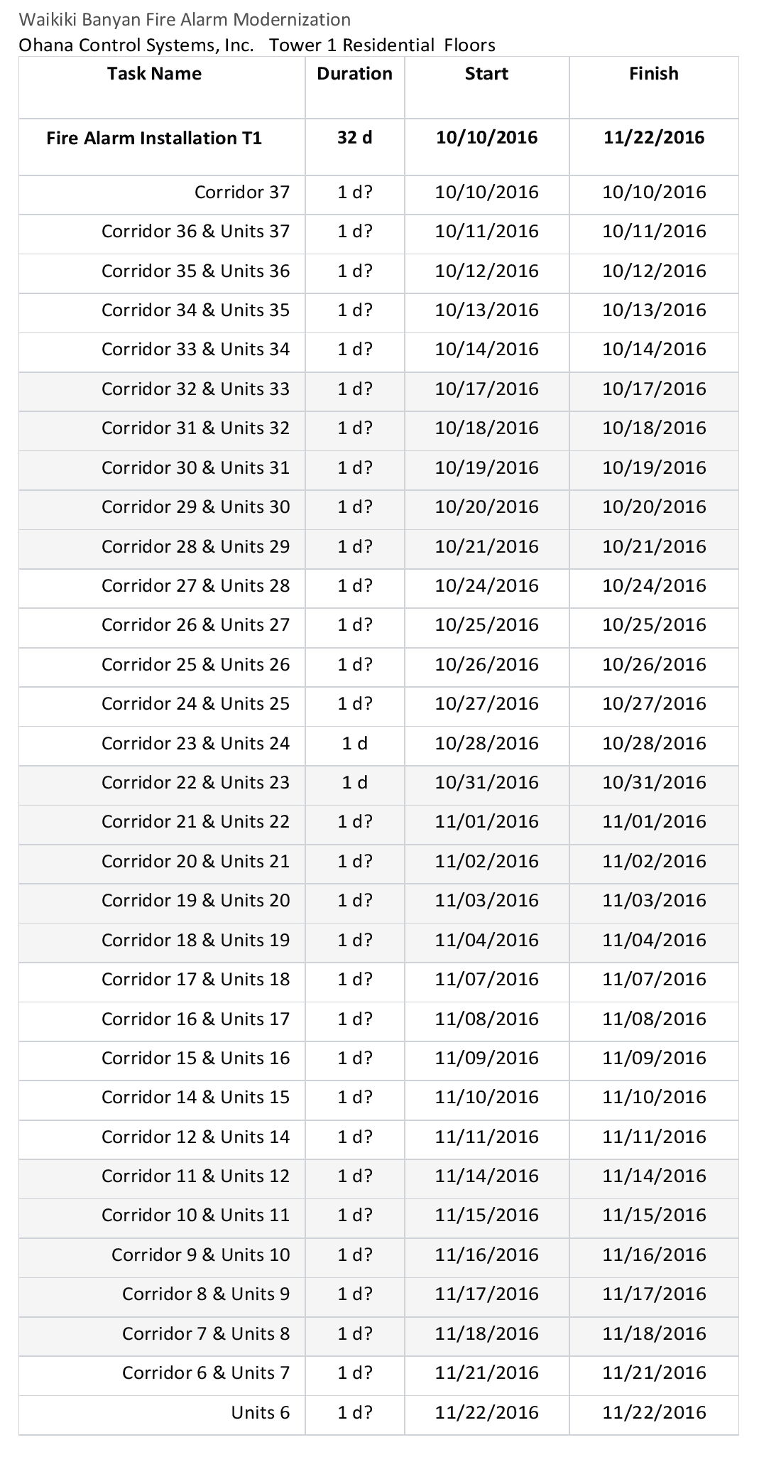 Tower 1 schedule